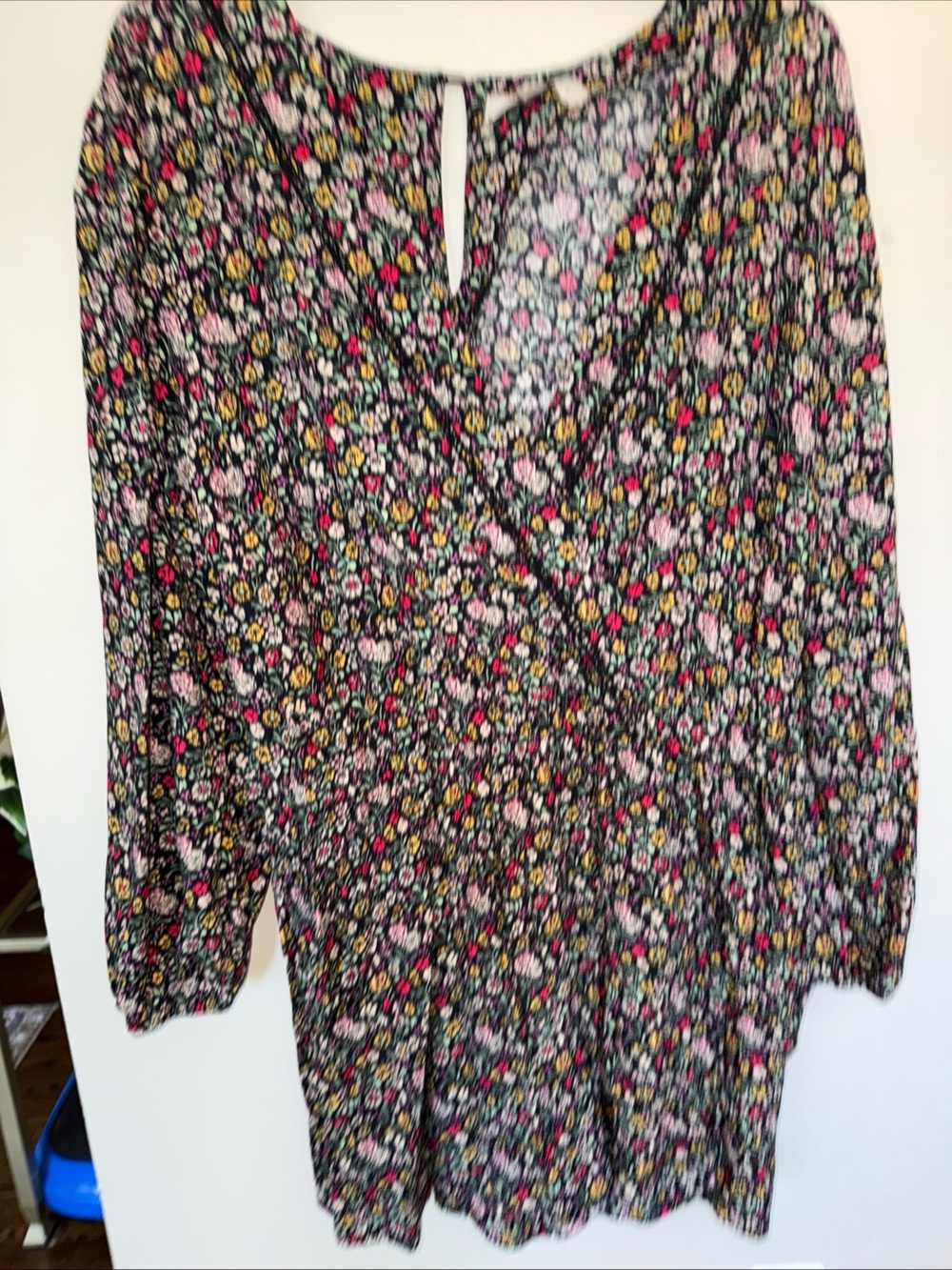 LOFT Black Floral V-Neck Blouse with Pink & Yellow Flowers